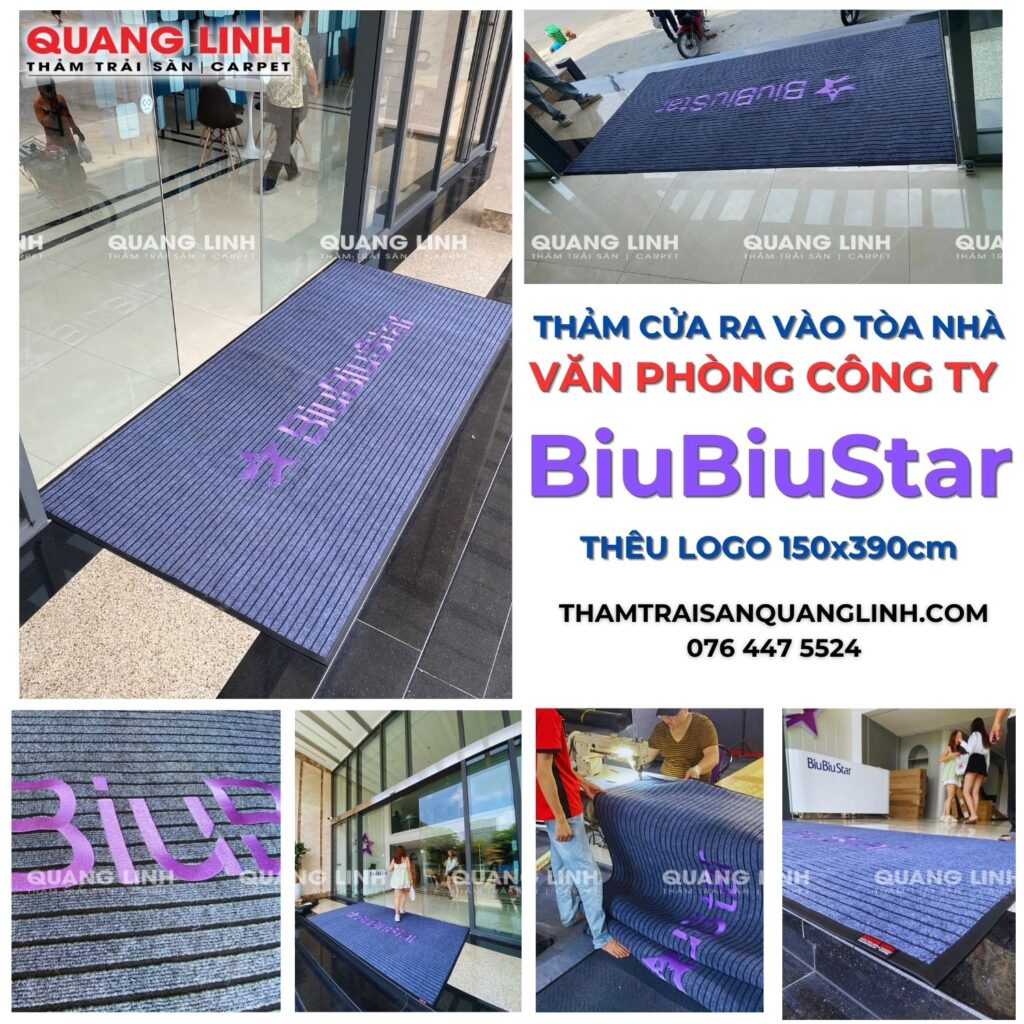 THẢM CỬA RA VÀO TÒA NHÀ VĂN PHÒNG CÔNG TY BiuBiuStar THÊU LOGO 150x390cm