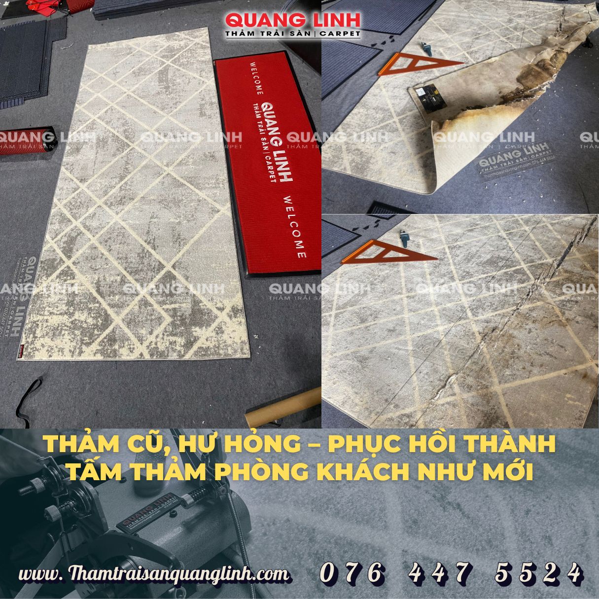 THẢM CŨ, HƯ HỎNG – PHỤC HỒI THÀNH TẤM THẢM PHÒNG KHÁCH NHƯ MỚIÁCH, PHÒNG NGỦ